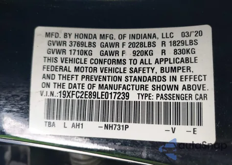 2020 Honda Civic Sport z USA, uszkodzony, nr VIN 19XFC2E89LE017239